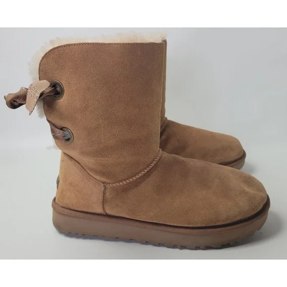 UGG Bailey Bow Chestnut Brown Suede Sheepskin Mid-Calf Boots 1098075 Womens 10