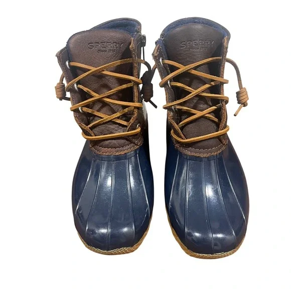 Sperry Saltwater Women Navy Brown Waterproof Rubber Leather Duck Boots 6M