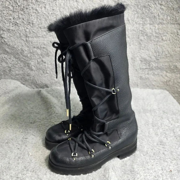 Jimmy Choo Dunn Tall Snow Boots Black Leather Fur Lined Women‎ 36.5 Excellent