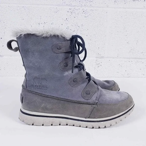 Sorel‎ Tivoli III Waterproof Boots Grey Suede Faux Fur Trim Lace Up Womens 7