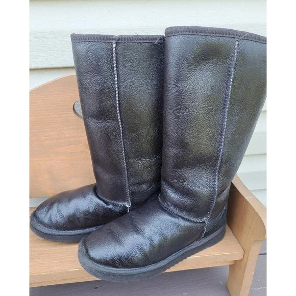 Women's Brown Tall Leather Winter Snow Shearing Boots  8 W Pull On