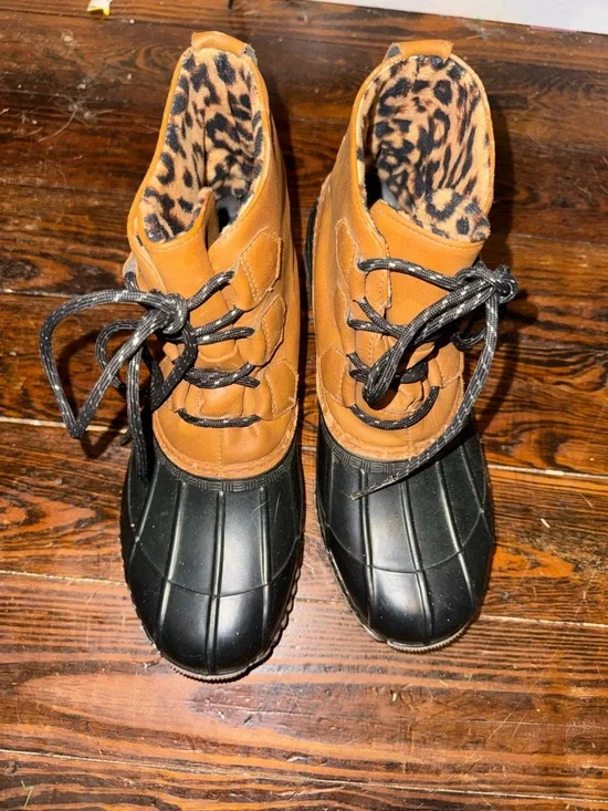 Magellan Outdoors Brown and Black Duck Boots with Leopard Lining