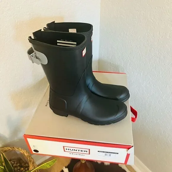 HUNTER Original Short Back Adjustable Rain Boot, BLACK GRAY, Size‎ 9, NWT