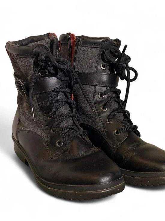 UGG Kesey Black Gray Waterproof Black Leather Gray Wool Boots Women’s Size 7.5