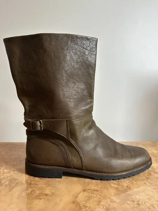 Rover Italian Leather Engineer Moto Boots Brown Shearling Lined Mid-Calf 10.5/11