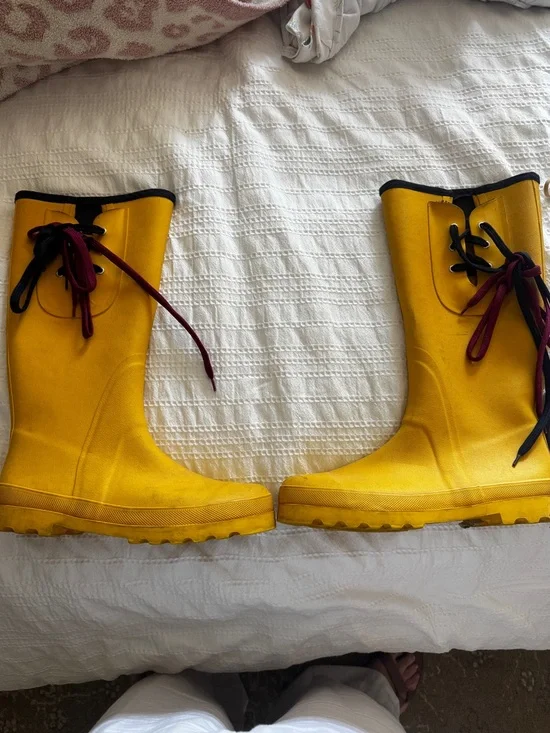 J. Crew Yellow Rain Boots with Black Trim and Burgundy Laces