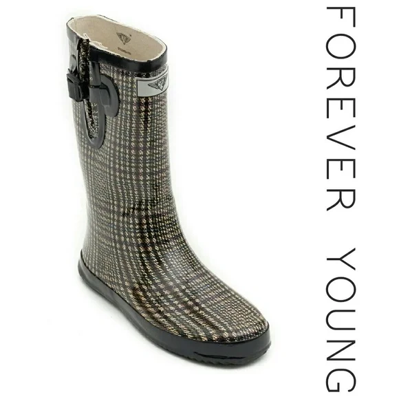 Women's Rainboots, Rubber Mid Calf Rainboots, RB-1503, Short Plaid