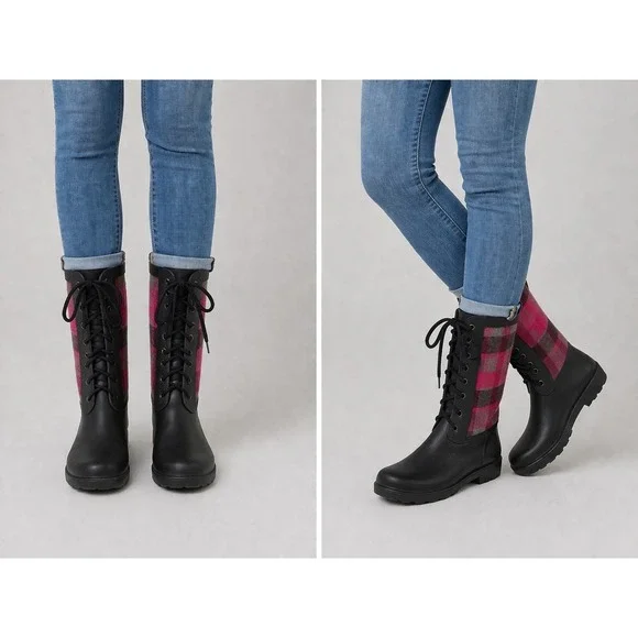Chooka Rain Boots Womens Size 7 Plaid‎ Waterproof Tall Rubber Lace Up