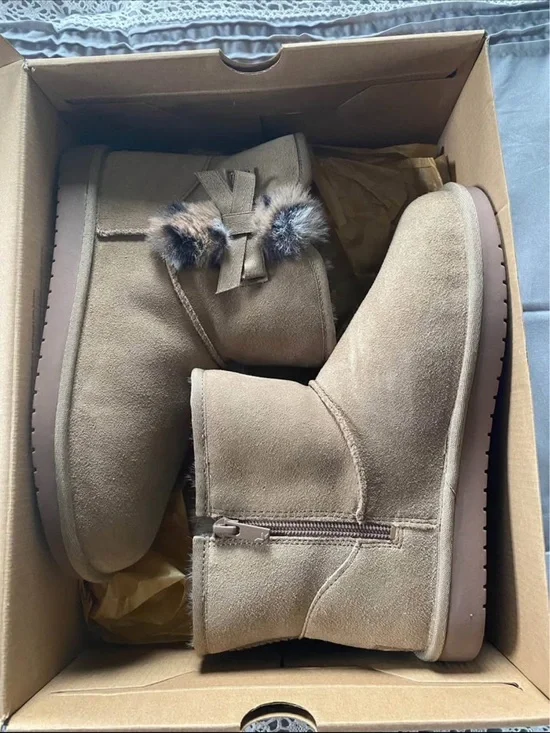 Koolaburra Taupe Faux-Suede Ankle Boots with Fur Pom Accent