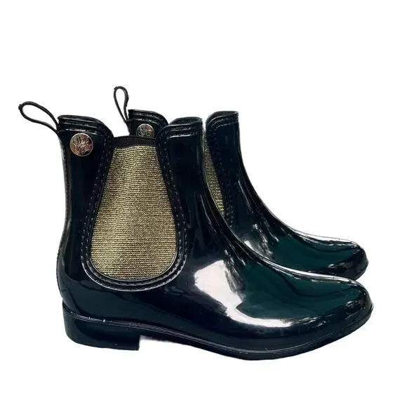 Black Glossy Rain Boots Size 10.5 Gold‎ Glitter Elastic Chelsea Ankle Booties