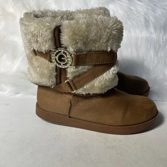 G by Gess tan suede faux fur ankle boots with side buckle slip on.