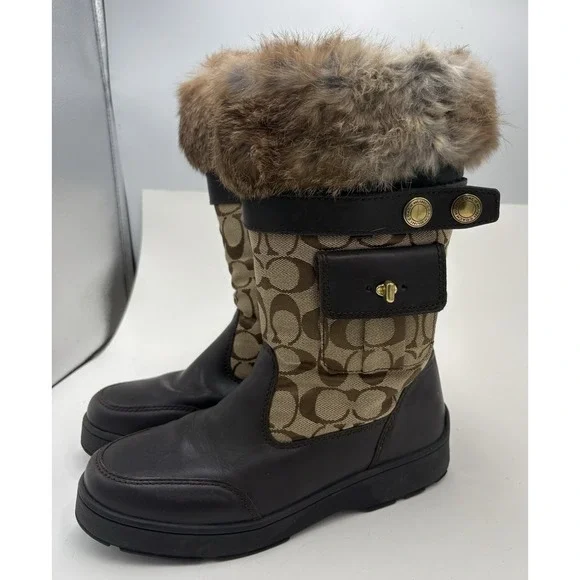Coach Women's Kimberly Signature C Leather Fabric Fur Trim Winter Boots Brown 7M