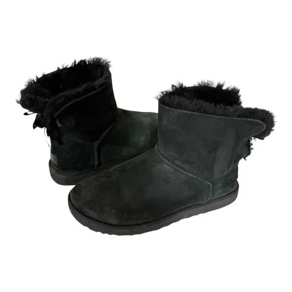 Ugg Women’s Mini Bailey Bow II Shearling Black‎ Suede 1016501 Winter Boot Size 8