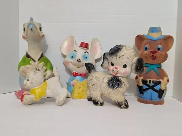 Vintage Squeaky Toy Lot Rubber Vinyl Mid Century Nursery Kitsch Mouse Cowboy...