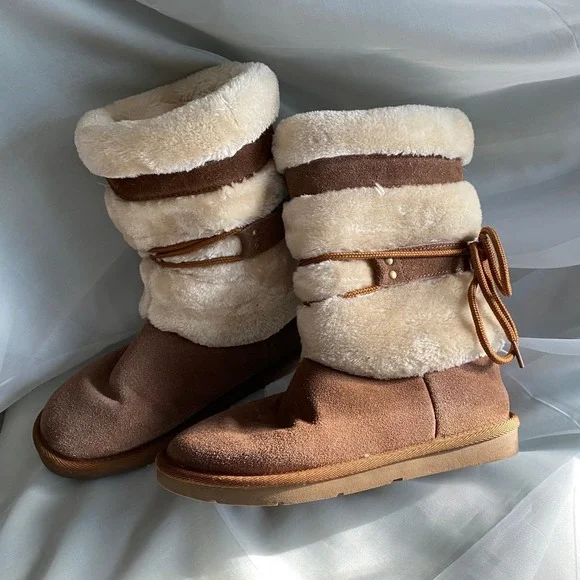 Suede Shearling Tan Winter Boots 7 Nordic Cabin Boho‎ Heritage Mountain Gorpcore