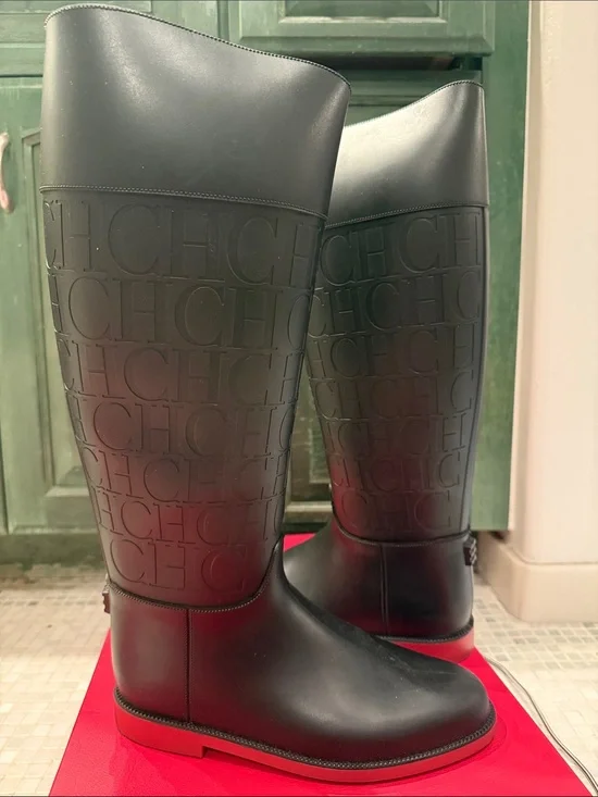 Carolina Herrera Black Embossed CH Logo Tall Rain Boots