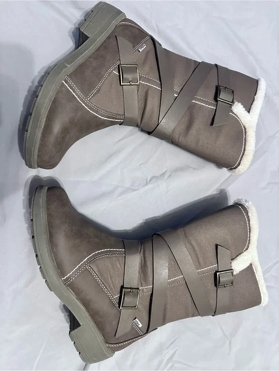 Cozy  Deidre Brown Faux-Shearling Strap Boots