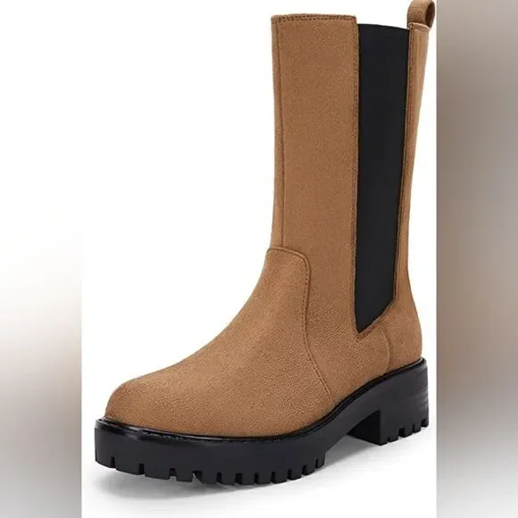 (A-4550) ZBY Chelsea Boots for Women Mid Calf Lug Sole Booties Sz 6.5