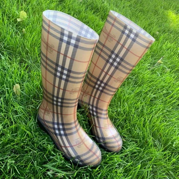 Burberry Beige Plaid Tall Women's Rain Boots