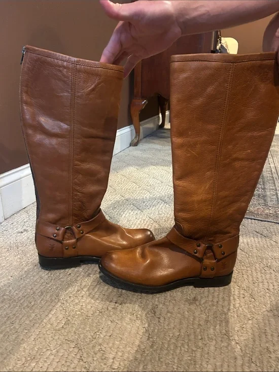 Frye Tall Cognac Leather Harness Riding Boots