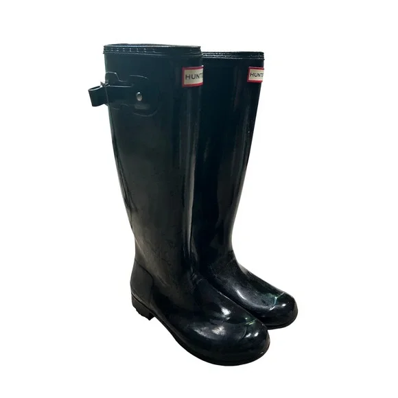 Hunter Original Tall Gloss Rain Boots Black Waterproof Wellingtons Womens US 8