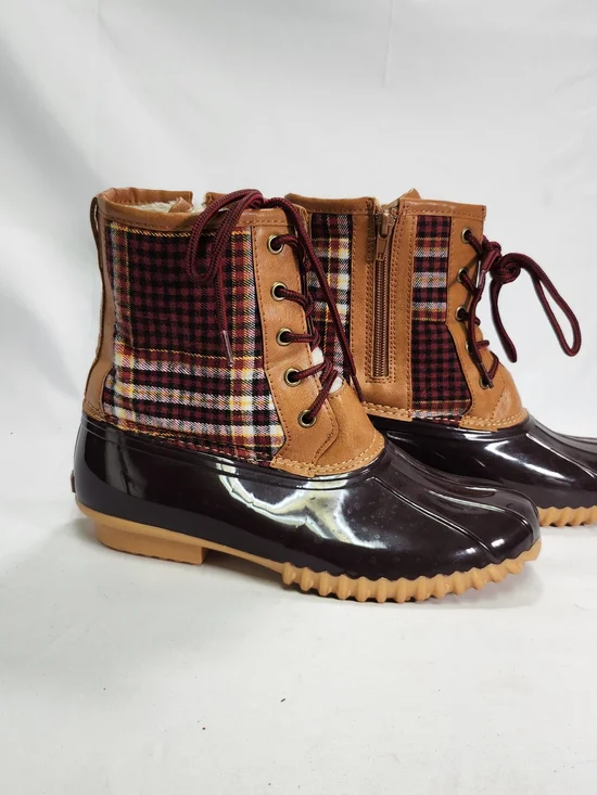 Sporto Maroon Plaid Duck-Style Lace-Up Rain Boots with Tan Trim
