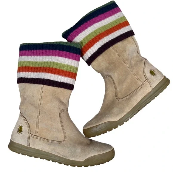 VTG‎ Y2K Coach Tatum Tan Suede Striped Wool Knit Cuff Mid Calf Boots Womens 8