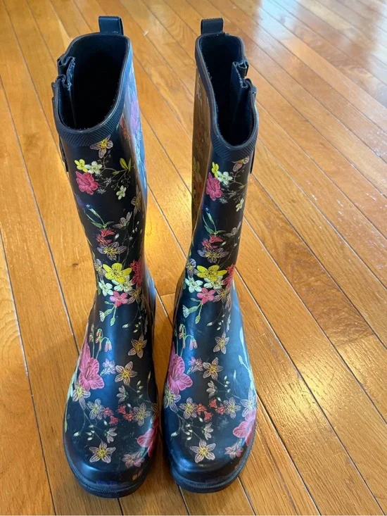 Target Merona Floral Knee High Rain Boots Floral Print Black Womens Sz 8