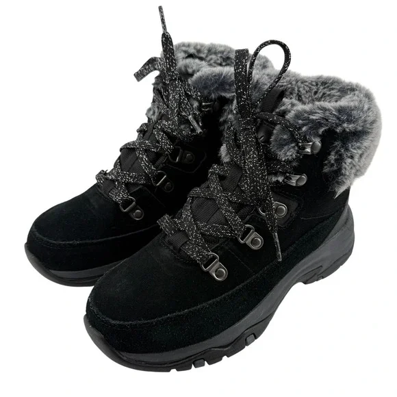 Skechers Trego Snow Worries Boots Black Suede Women 5 Waterproof Faux Fur Hiking