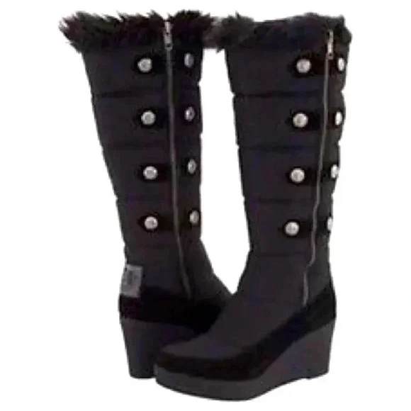 Juicy Couture Everest Quilted Nylon Suede FauxFur Knee High Tall Wedge Boots