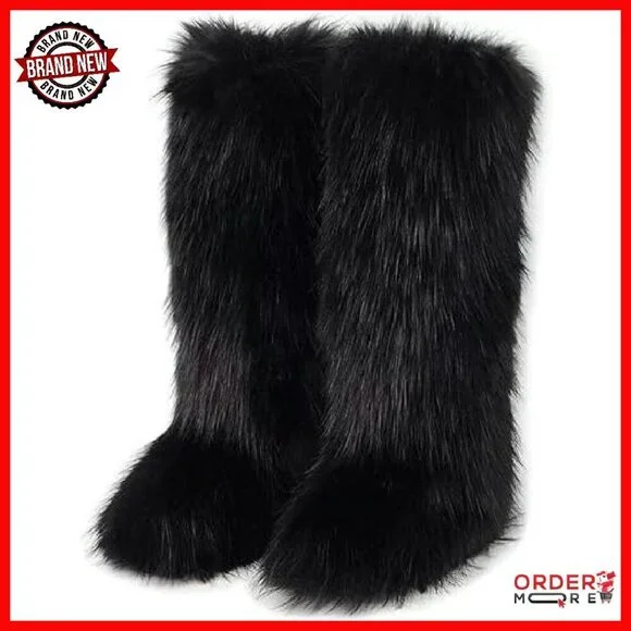 Knee High Faux Fur Snow Boots Women Winter Fuzzy Fluffy Flat Boots