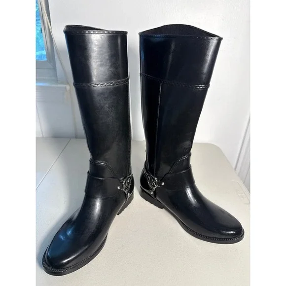 Michael Kors Fulton Harness Rain Boots Black Rubber Tall MK Logo Women 10M