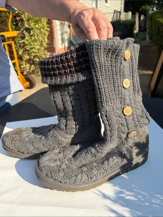 UGG Gray Knit Button Mid-Calf Winter Boots