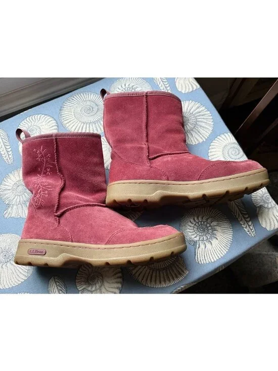 L L Beans Womens Boots Suede Winter Fleece Lined Pink Red Embroidered 7