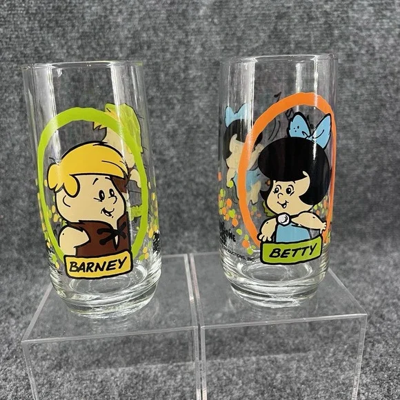 1986 Pizza Hut Flintstone Kids Glasses Barney & Betty Hanna-Barbera Set Of 2