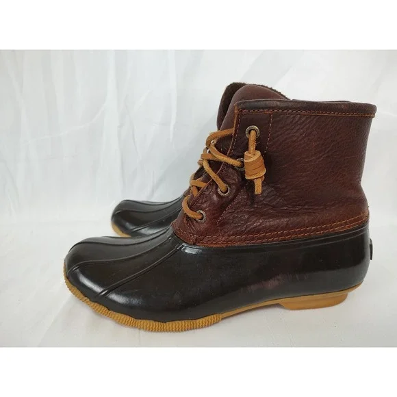 Sperry Top-Sider Saltwater Duck Boots Brown Leather Rubber Ankle Rain Boots Wome