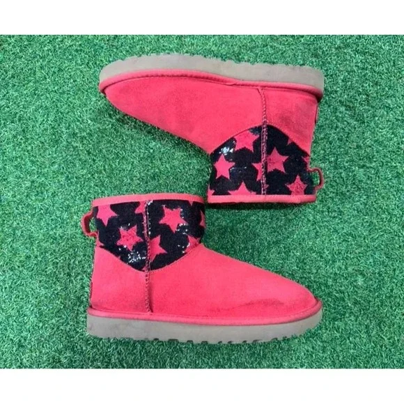 UGG Classic Mini Sequin Stars 1109441 Women's US 8 Snow Boots Red Black‎ Suede