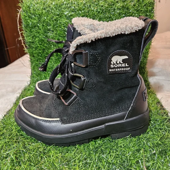 Sorel Black Suede Waterproof Winter & Rain Boots with Cream Faux Fur