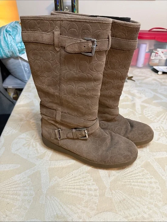 Coach Brown Suede Signature Embossed Mid-Calf Boots