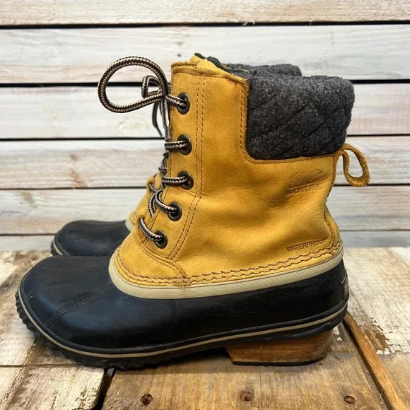 Sorel Tan Leather Rubber Slimpack II Lace Waterproof Duck Boots Size 7.5 NL2348‎
