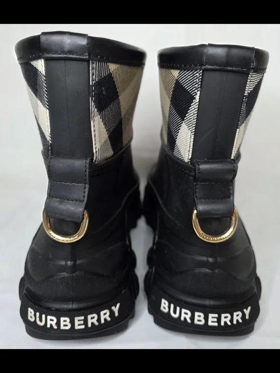 Burberry Black Rubber Boots with Beige Check Panel and Gold D-Rings