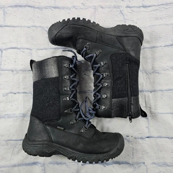 KEEN Greta Tall Winter Boots WOMEN 9 Black Waterproof Insulated Leather Wool