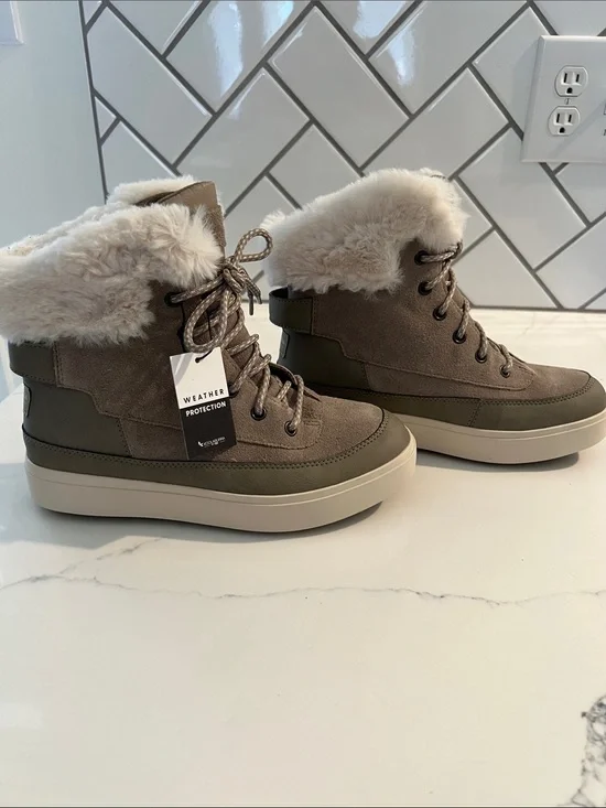 Koolaburra Olive Suede Faux-Fur Cuff Weather-Resistant Lace-Up Boots