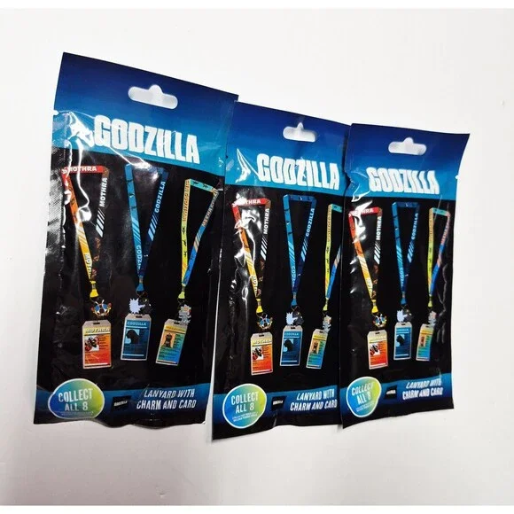 ​Lot of 3 Godzilla Mystery Lanyards with Charm & Card Holder New Sealed Blind