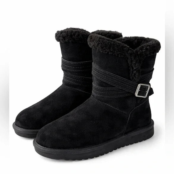 Koolaburra Darlene Short Black Suede Boots Faux Fur Lined Size 7