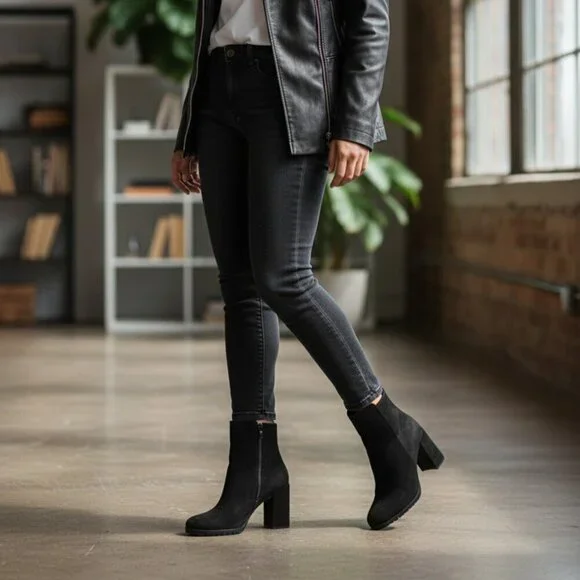 DKNY Felice Boot 6.5 Black Suede Leather Square Toe Bootie Heel Platform Zipper