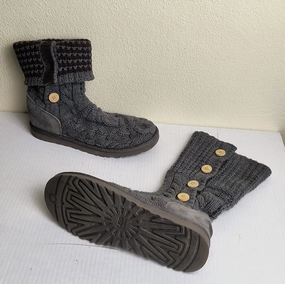 UGG Lattice Cardy 8 Grey Knit Fold Over Button Boots Casual - Sheepskin