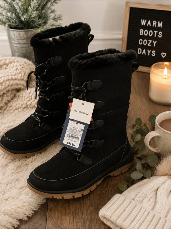 NWT Universal Thread Carla Waterproof Winter Snow Boots Black Faux Fur Size 10