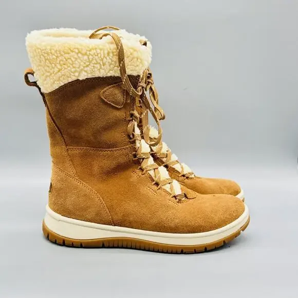 UGG Boots Womens 7.5 Brown Suede Mid Calf Shearling Lace Up Winter Snow Shoes