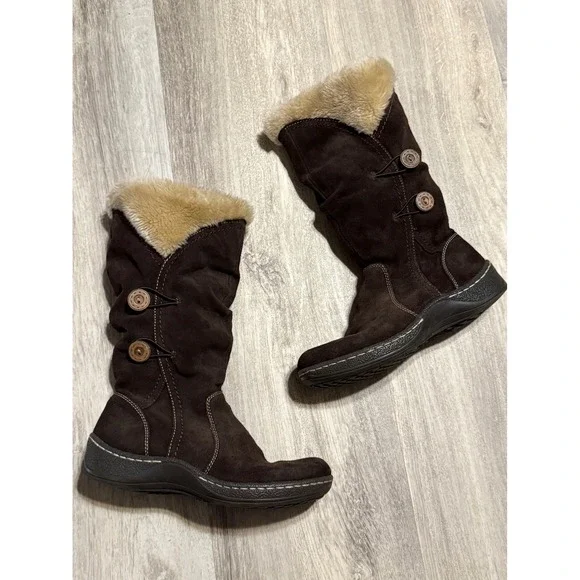 St Johns Bay Womens Brown Suede Faux Fur Lined‎ Winter Boots Size 7.5M 024-8913